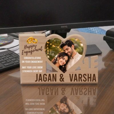 Gift Me Bazar Personalized Happy Engagement Wooden Plaque Customized Couple’s Photo Frame with Names & Heart Cutout  Romantic Engagement Gift for Wife, Husband, or Fiancé